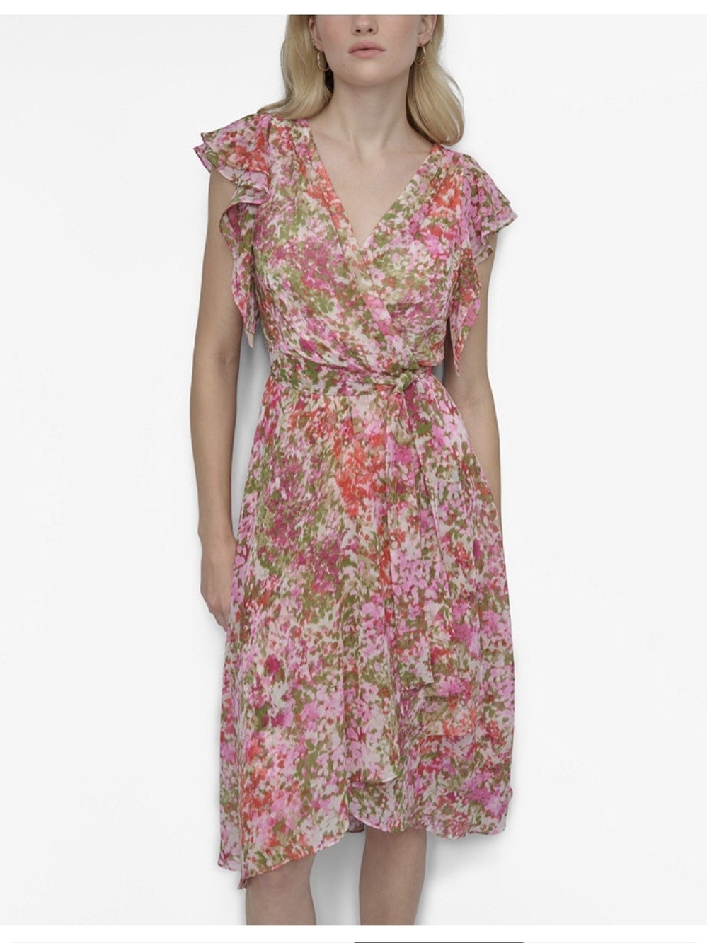 Donna Karan Pink and Green Floral Wrap Midi Dress